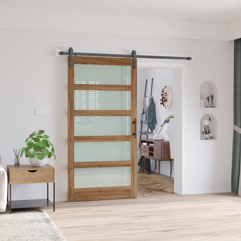 Porte de grange en bois manufacturé en verre brun avec trousse de quincaillerie d'installation, 42 po x 84 po