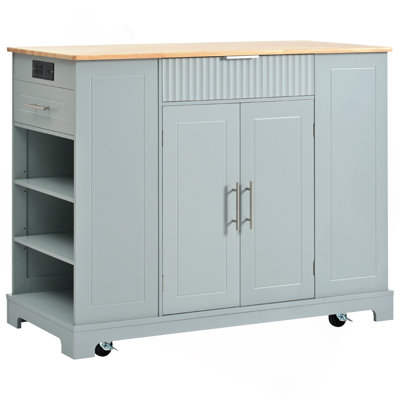 Kitchen Island With Trash Can, Rolling Kitchen Island With Power Outle Rolling Kitchen Islands Cart On 5 Wheels With 3 Drawer, 3 Open Side Racks For 1 by Lark Manor