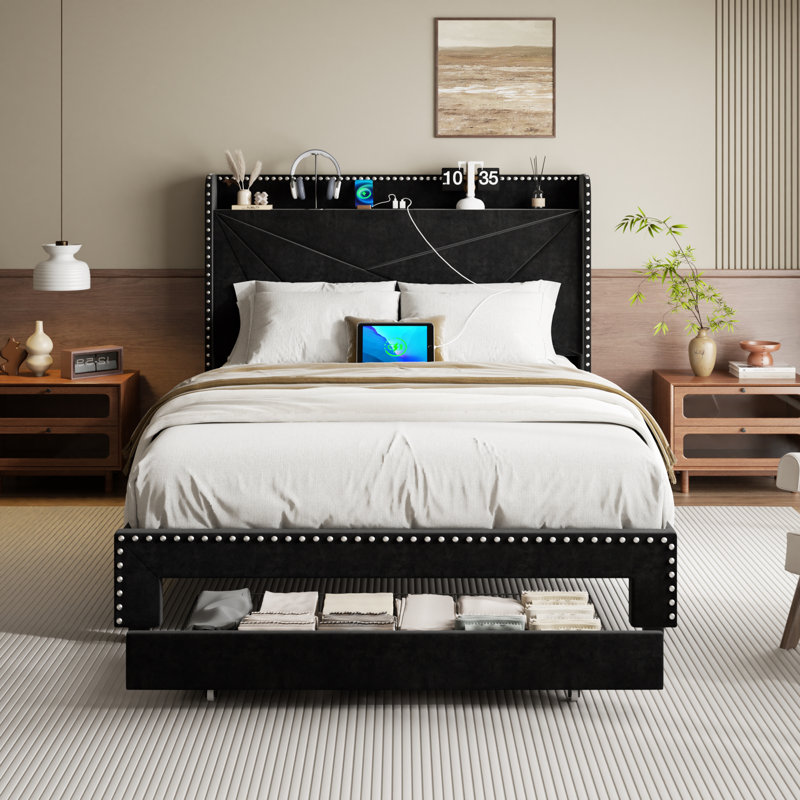 Tata Velvet Upholstered Platform Bed Frame with Bookcase Headboard, Charging Station and Storage Drawers, Black, Full