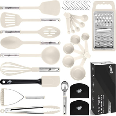 Ensemble d'ustensiles de cuisine 35 pièces avec porte-outils en nylon et en acier inoxydable Kaluns, résistant aux égratignures, résistant à la chaleur, lavable au lave-vaisselle, kaki