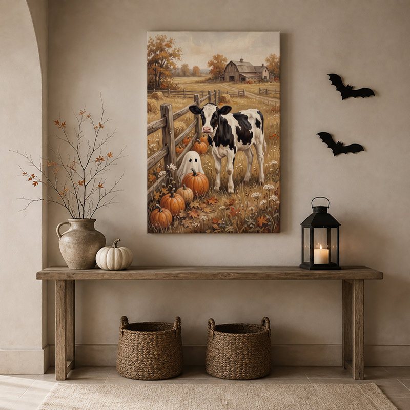 Toile noire et blanche près d'une citrouille et d'un fantôme, Halloween, H 36 po x l 24 po