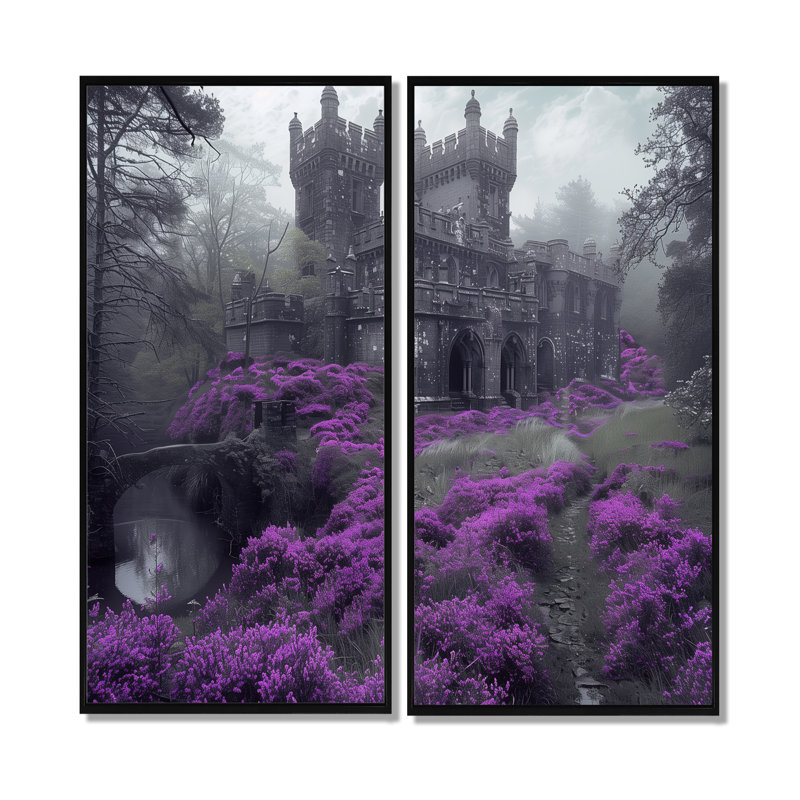 Château de brouillard monochromes gris et gris en fleurs III - impressions sur toile traditionnelles roses 2 pièces, Noir