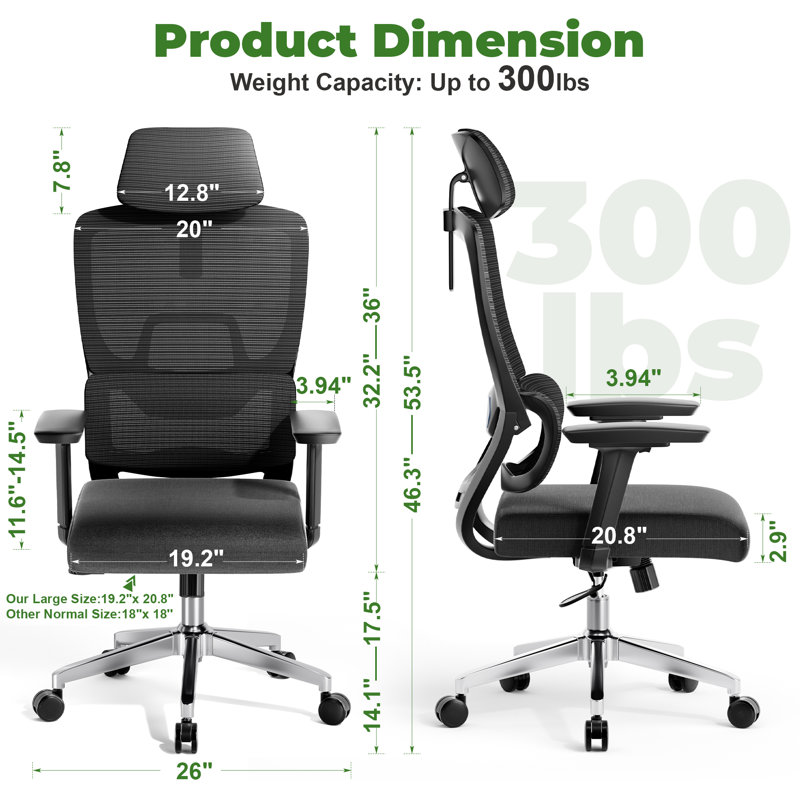 Mersed Office Chair Ergonomic Office Chair with Adaptive Lumbar Support, Mesh Computer Desk Chair with High Back, Adjustable Headrest&Tilt Function, Rolling Work Swivel Task Chairs with Wheel 3D Armrests