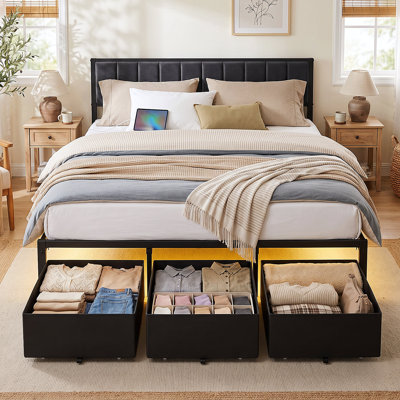 Upholstered Bed Frame with Storage Drawers, Built-in Outlets & LED Light, No Spring Box Needed
