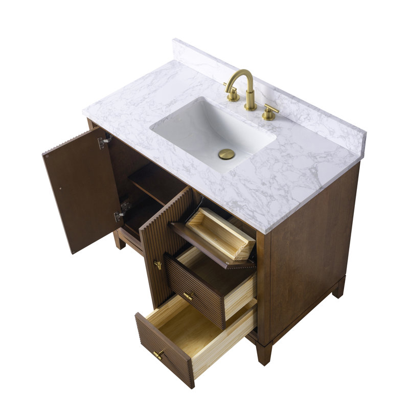Meuble-lavabo autoportant à simple cuve 42 po avec plateau en marbre Caldwell, Noyer, Doré brossé, Blanc Arabescato