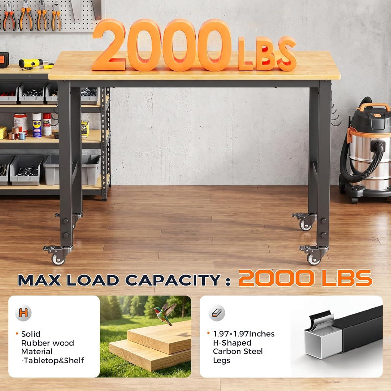 48'' Solid Wood Adjustable Workbench on Wheels, 2000 lbs Capacity, 48 x 23 Inch Heavy Duty Workbench with 32-36 Inches Height Adjustment, Garage Workbench with Power Outlet & Pegboard