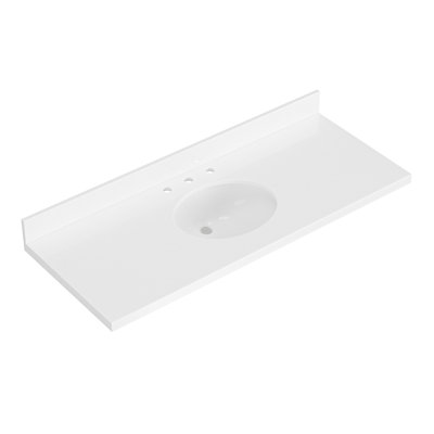 Ariel 55 Inch Pure White Quartz Bathroom Vanity Countertop 1.5 Inch Thick Mitre Edge With Oval Single Sink And Includes Backsplash