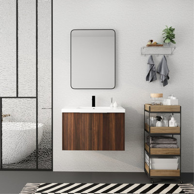 Lavabo de salle de bain, 30 po Fermeture douce moderne. Fixé au mur. Spacieux. Bassin en résine. Portes en noyer lustré, fixation, lavabo, nombreuses options de rangement,