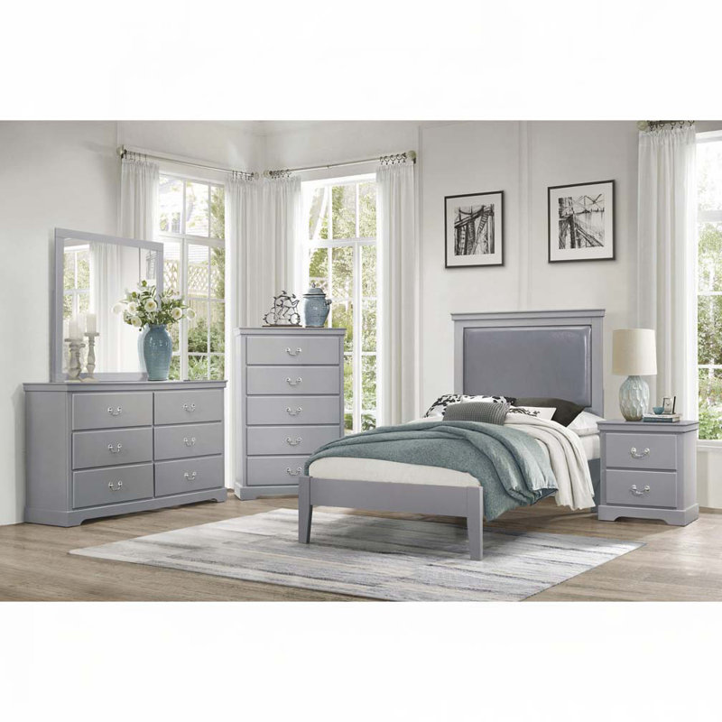 Wood Panel Bed with Faux Leather Headboard, Grey, Twin