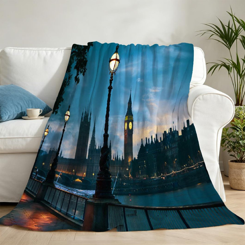 Jeté en flanelle transparente ultra douce en molleton, London Sunset Skyline et imprimé recto, Jeté 50 po x 60 po