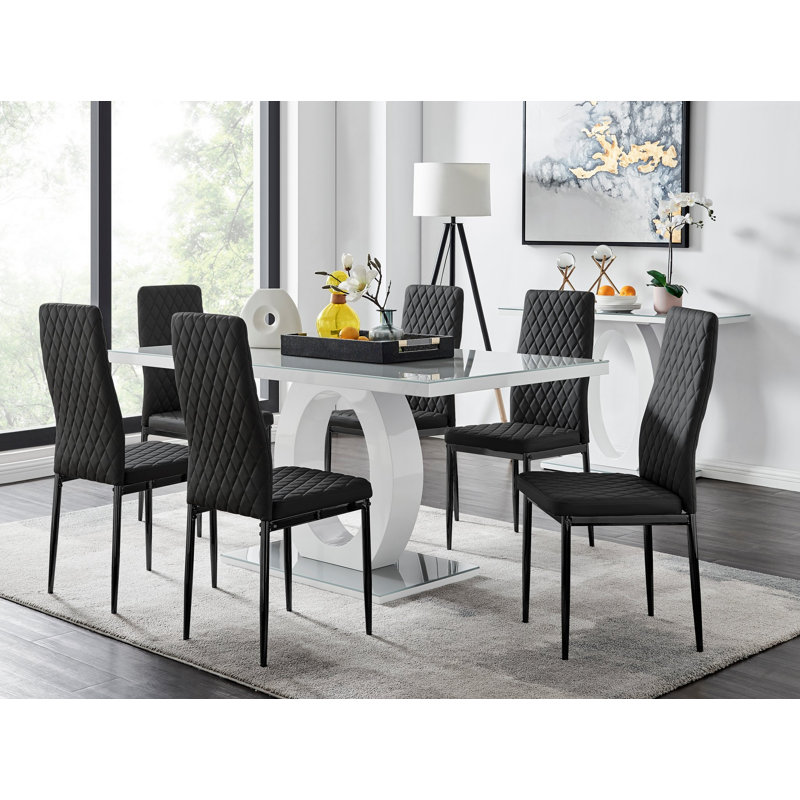 Eubanks 6 Grey Dining Table & 6 Grey Gold Leg Chairs, Black, Black