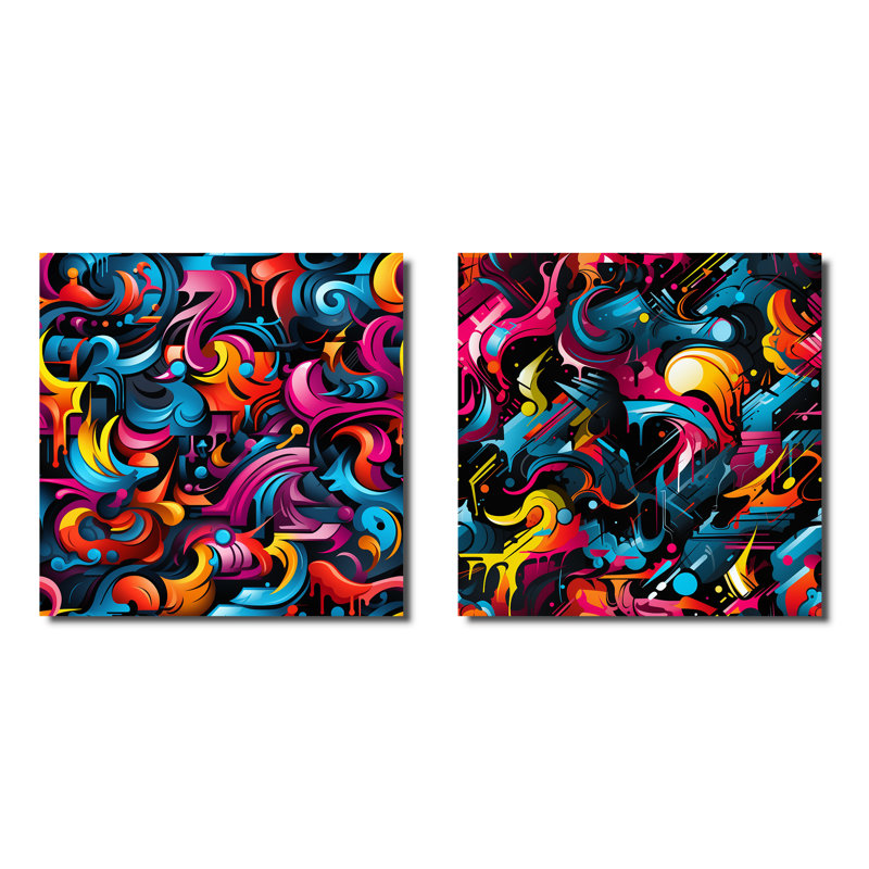 Popart Neon Graffiti Fusion III - ensemble de 2 collages de formes abstraites carrées, Toile tendue, H 36 po x l 73 po