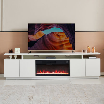 Meuble télé avec foyer électrique de 30 po, pour téléviseur de 70 po à 100 po, centre de divertissement avec éclairage à DEL de 85 po (301-blanc)