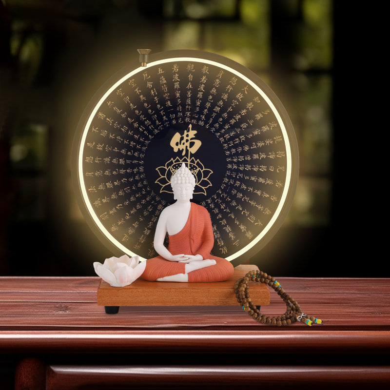 Statue de Bouddha en céramique avec lampe DEL circulaire pour la décoration intérieure, Rouge