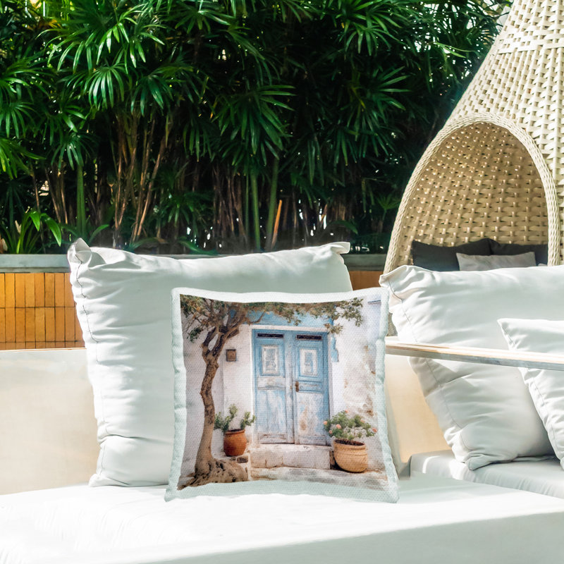 Tree & Blue Doorway Printed Outdoor Throw Pillow Design by RileyB