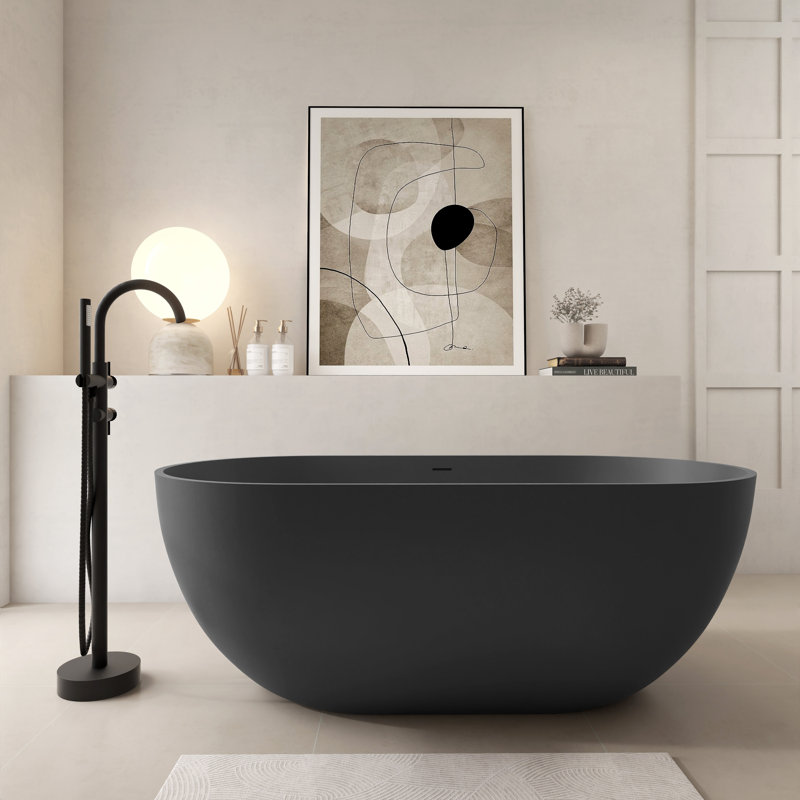 Oval Solid Surface Bathtub, Freestanding Soaking Bathtub, Dark Gray