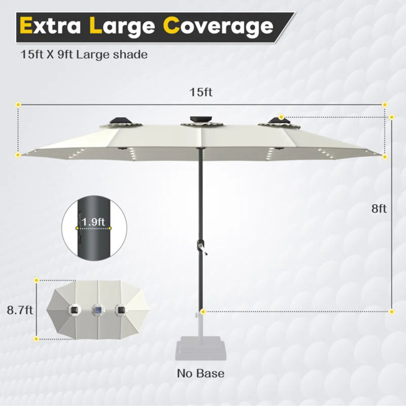 Grand parasol double 15 pi avec lumières solaires, Beige