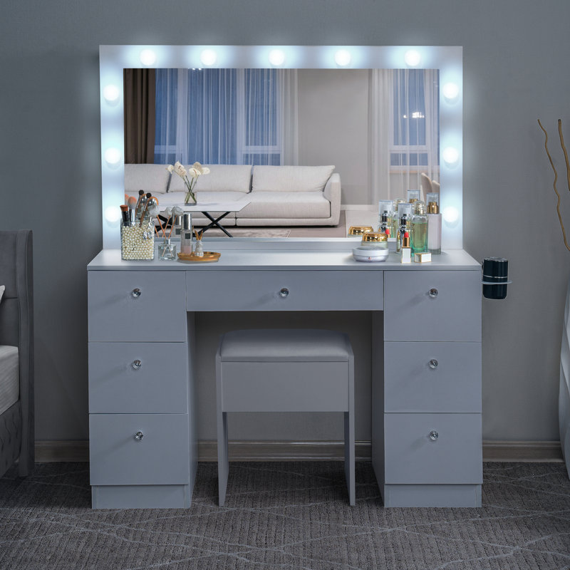 Ensemble de coiffeuse 46 "avec miroir lumineux, 11 ampoules à DEL à intensité variable, 3 modes d'éclairage, une chaise assortie et 7 tiroirs de rangement