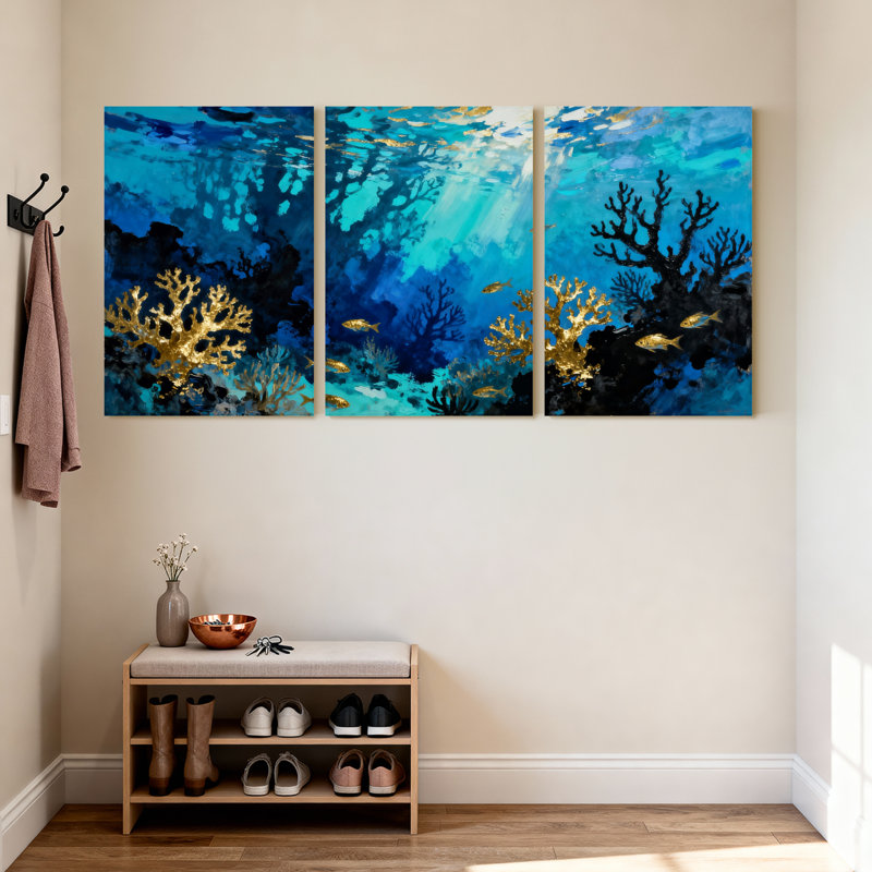 Ensemble de 3 impressions sur toile récif de corail sous l'eau avec décorations dorées, H 30 po x l 60 po