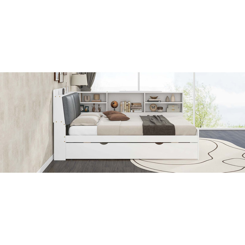 Lit plateforme en bois avec lit gigogne, tablettes et tête de lit, Blanc, Double