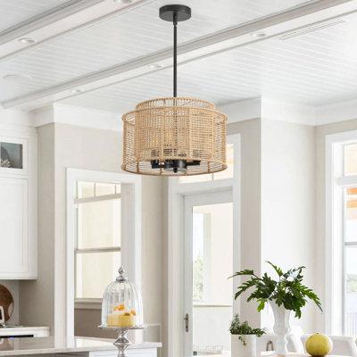 Arnesha 4-E12 9W Boho Rattan Farmhouse Dimmable Pendant Light Fixture