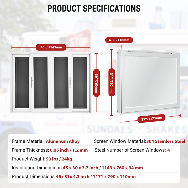 45"W x 30"H Concession Window, Aluminum Alloy Food Truck Service Window with 4 Horizontal Sliding Screen Windows & Awning Door & Drag Hook, Serving for Food Trucks Concession Trailers