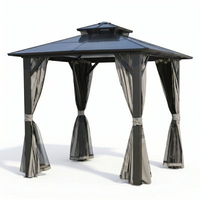 8Ft X 8Ft  Aluminum Bbq Grill Gazebo With Grey Hardtop Polycarbonate Double Roof  For Outdoor Cooking