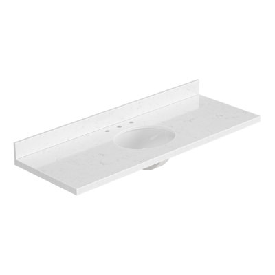 ARIEL 60 INCH CARRARA WHITE QUARTZ BATHROOM VANITY COUNTERTOP 1.5 INCH THICK MITER EDGE WITH OVAL DOUBLE SINK AND INCLUDES BACKSPLASH