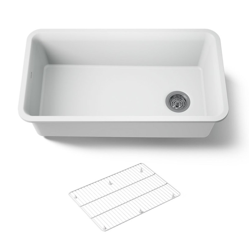 Cairn® 33-1/2" x 18-5/16" x 9-1/2" Under-Mount Single-Bowl Kitchen Sink with Basin Rack, Matte White
