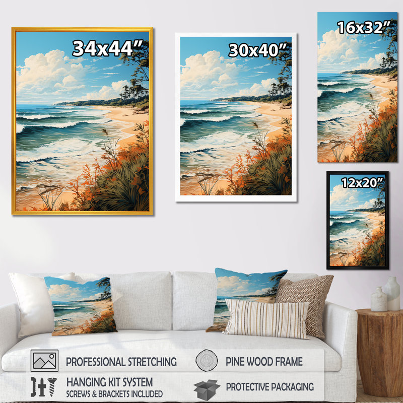 Plage tropicale paradisiaque - art mural plage, H 20 po x l 12 po x P 1 po, Cadre simple argenté