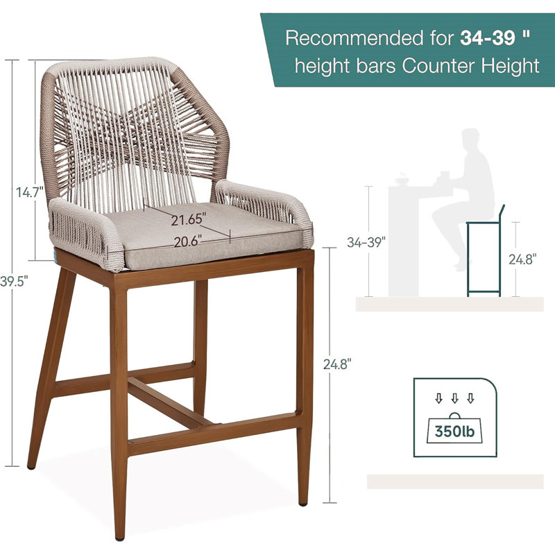 Gray and Brown Rope Woven Outdoor Bar Stools with Cushions