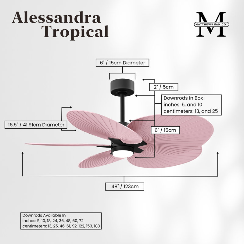Alessandra Tropical - Five Blade Ceiling Fan - Integrated LED -Matte Black Finish -Light Blue Blades, Light Pink, Matte Black