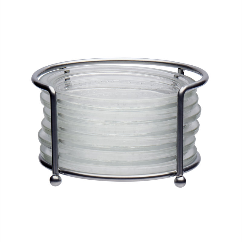 Clear Glass 7 Piece Coaster Set with Metal Holder