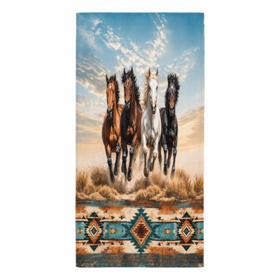 1Pcs Majestic Running Horses Beach Towel, Featuring Four in Dynamic Motion with Tribal Pattern Border, Microfiber Quick Dry for, Swimming, Travel, Camping, Unisex