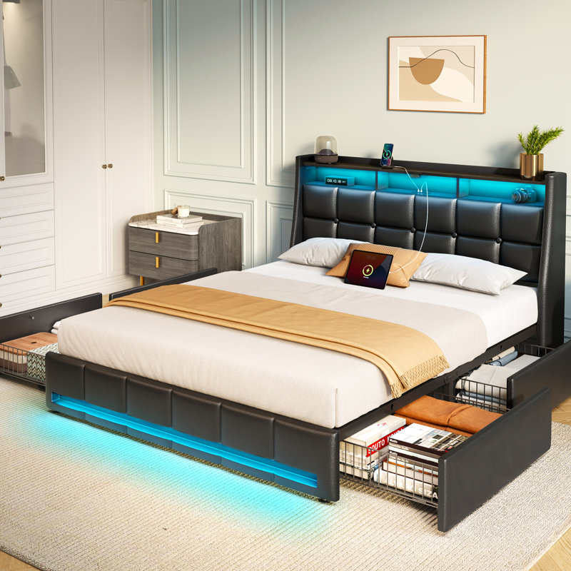 Bed Frame with Wingback Headboard, Upholstered Bed with LED Lights & 4 Storage Drawers