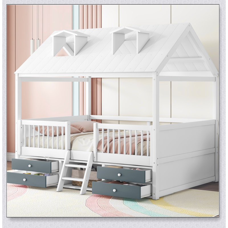 Wood Bed House Bed Frame, White, Full