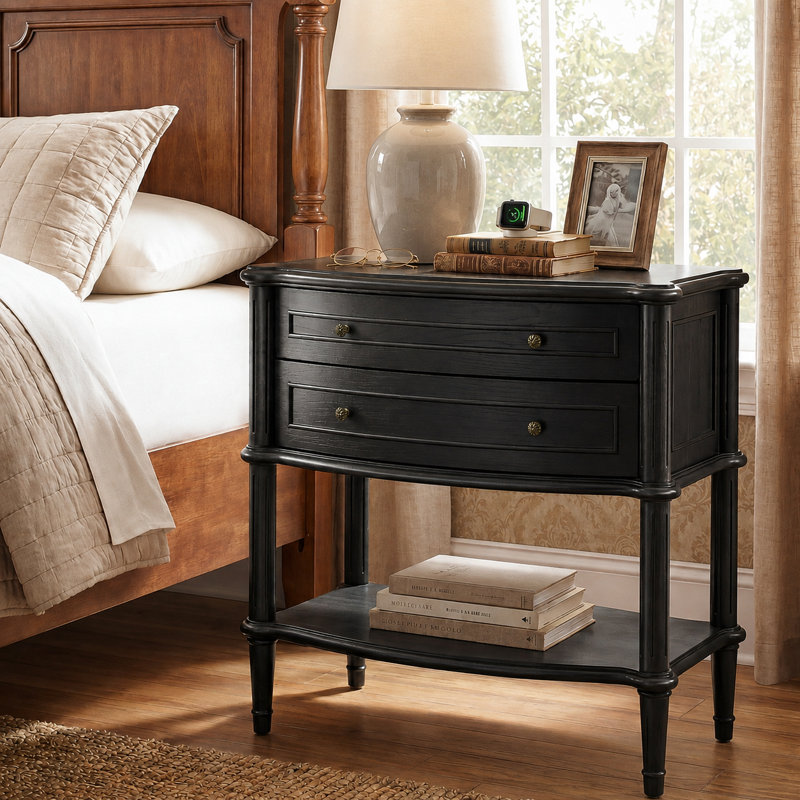 Table de chevet traditionnelle à 2 tiroirs avec station de recharge, table de chevet en bois noir avec tablette ouverte, 2 prises secteur, ports USB et Type-C