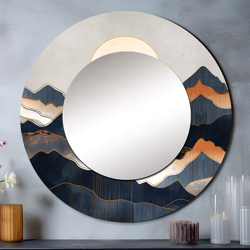 Miroir décoratif Daring Moutain Horizons II - Paysages, grand miroir mural rond bleu, impression d'art en métal