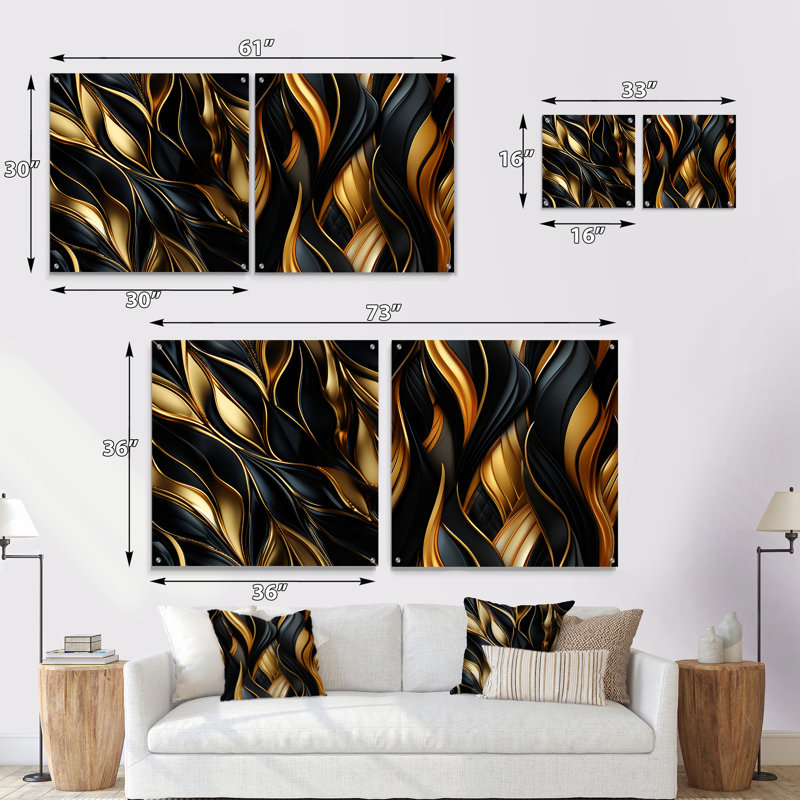 Opulent motif glamour noir et or - ensemble de 2 peintures murales abstraites en acrylique, H 36 po x l 73 po