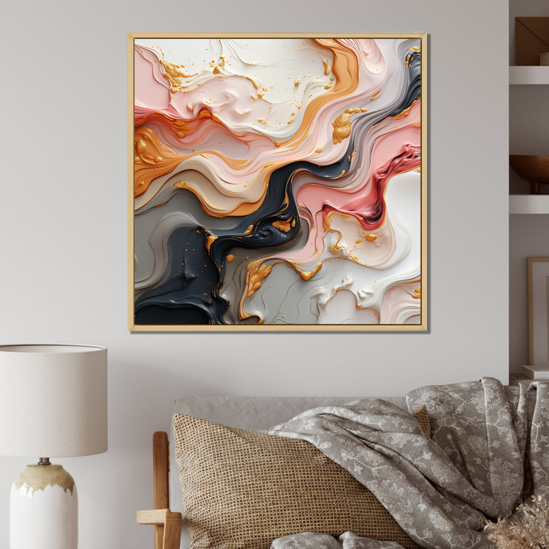 Art liquide en mouvement en or rose noir et bleu I - impression, 36" H x 36" W, Cadre naturel flottant