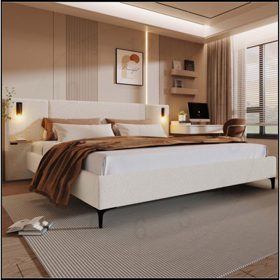 Lit tapissier Chic Boucle avec lumières et tablettes intégrées, confort texturé et design moderne pour les grandes chambres