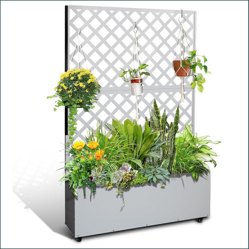 Metal Planter Box with Trellis, 70.87"x46.46"x11.81" Raised Garden Bed with Trellis & Wheels, Outdoor Garden Box with Privacy Screen & Drainage Holes for Climbing Plants Flower Vegetable