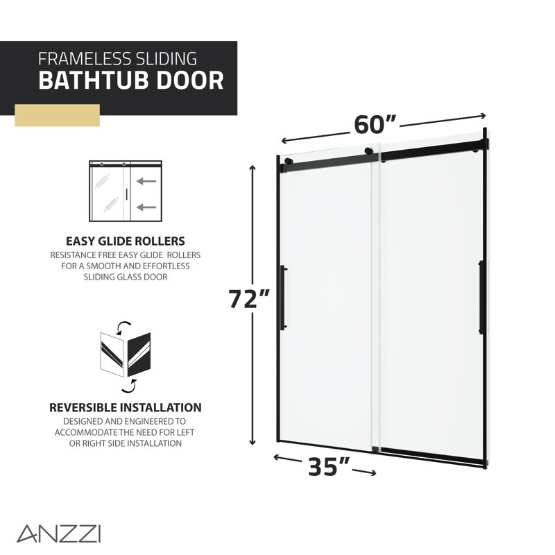 Porte de douche coulissante double sans cadre l 60 po x H 76 po Stellar, Noir mat