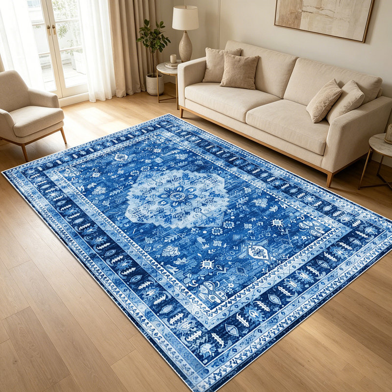 1PC Vintage Distressed Blue Bohemian Medallion area rugs for Living Room, Soft and Comfortable, Suitable for all seasons, easy-to-maintain, machine washable Indoor floor mat, Under Table Farmhouse suitable for dining room, bedroom, entryway, kitchen,