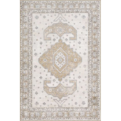 Cream Geometric Patterned Woven Base Machine Washable Rug