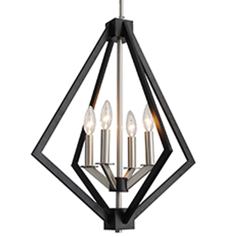 4 - Light Dimmable Lantern Geometric Chandelier, Black + Antique Silver Finish
