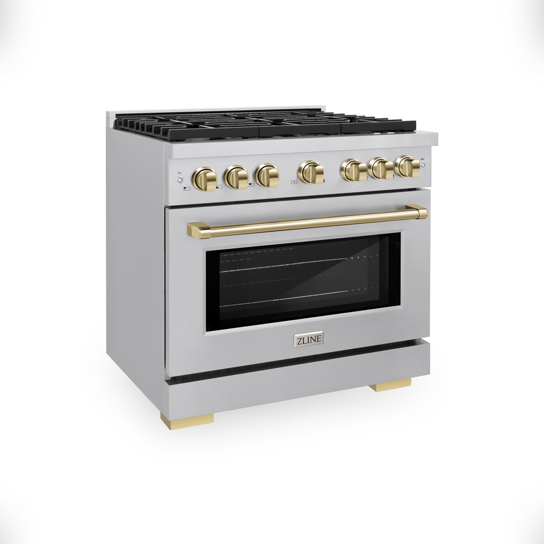 ZLINE Autograph Edition 36 in. 5.2 cu. ft. Paramount Gas Range W/ 6 Burner Cooktop & Convection Gas Oven in Stainless Steel & Polished Gold Accents (SGRZ-36-G) ZLINE