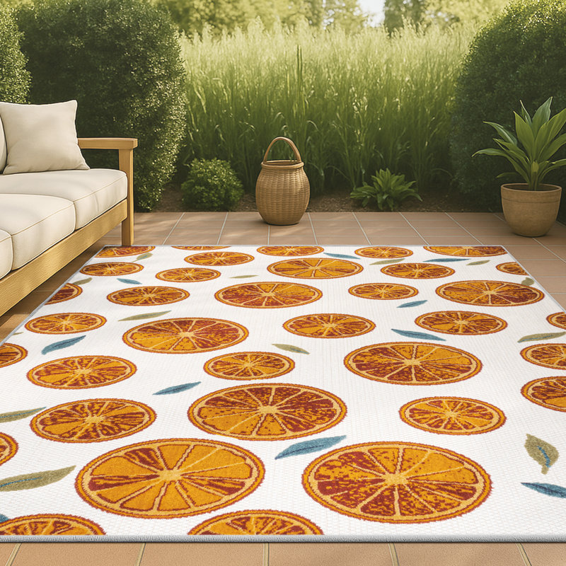 Kaue Citrus Slice High-Low Orange/Cream Indoor/Outdoor Rug, Rectangle 5'3" x 7'7"
