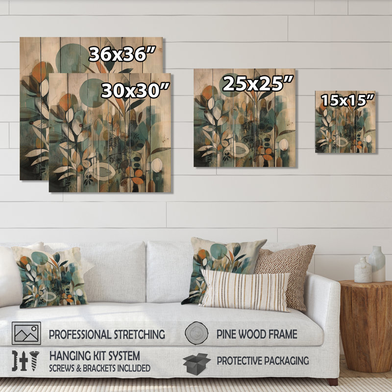Bohème abstrait orange et vert III sur bois, H 35 po x l 35 po x P 0,78 po