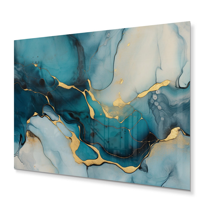 Décoration murale en métal turquoise infusé or IV - Fractales, H 16 po x l 32 po